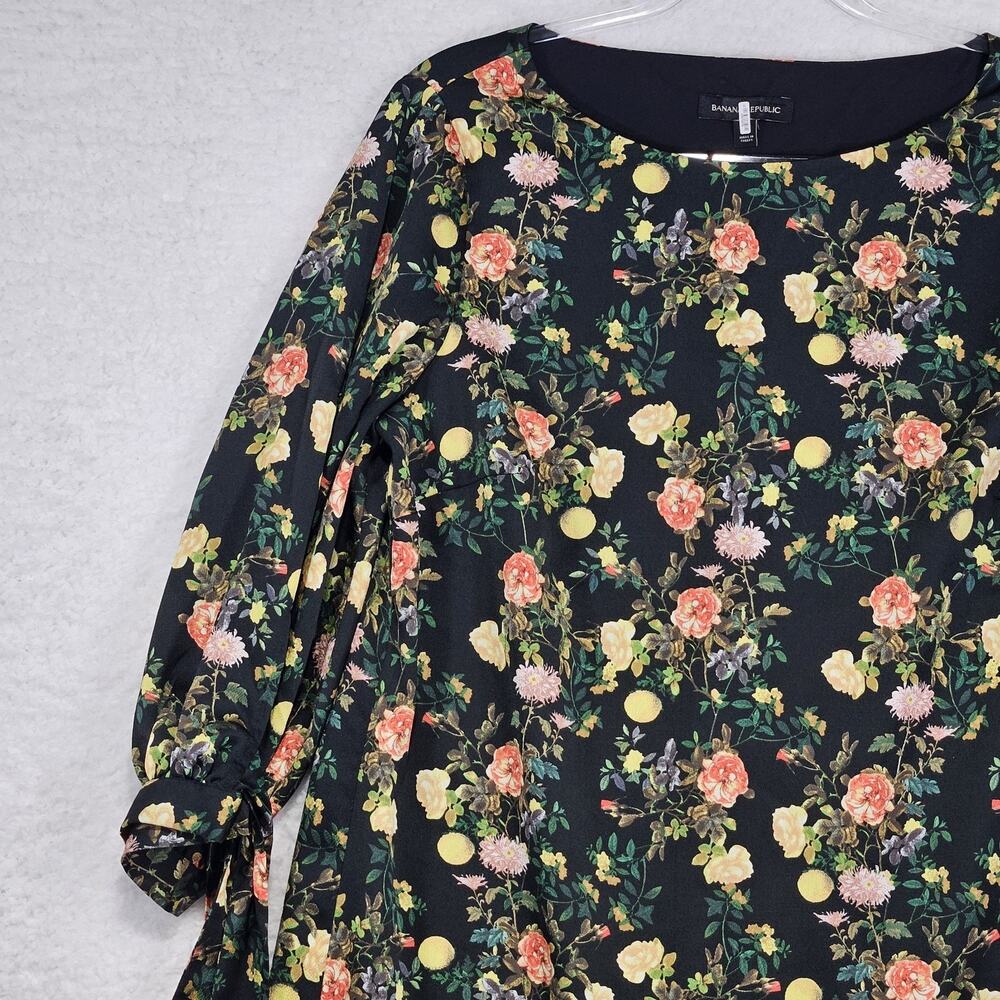 Banana Republic Black Floral Midi Shift Dress 3/4 Tie Sleeve Size 12 Cottagecore - Picture 3 of 16